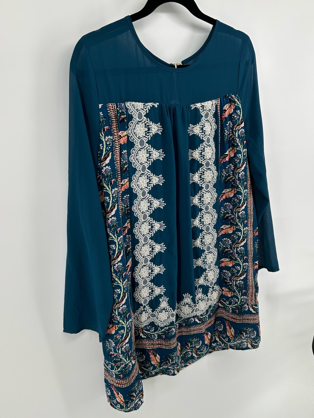 NWT Entro Teal Boho Shift Dress M Lace Floral Border Print Sheer Long Sleeve - Picture 3 of 7